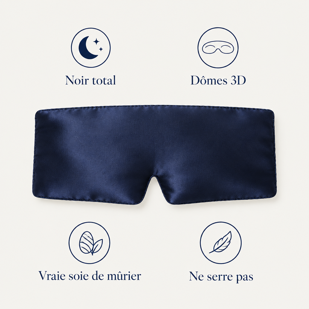 Noir total, dômes 3D, vraie soie de mûrier, ne serre pas